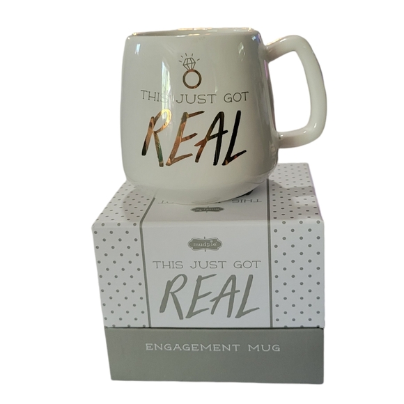 NIB Mud Pie Engagement Mug "This Just Got Real" Stone Mountian - Picture 1 of 8